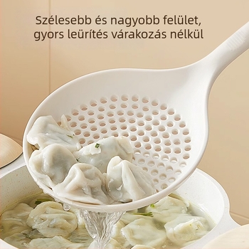 Szilikon főzőkanál hosszú nyéllel, hőálló, tapadásmentes, szűrő a tészta és a gyóza leöntéséhez