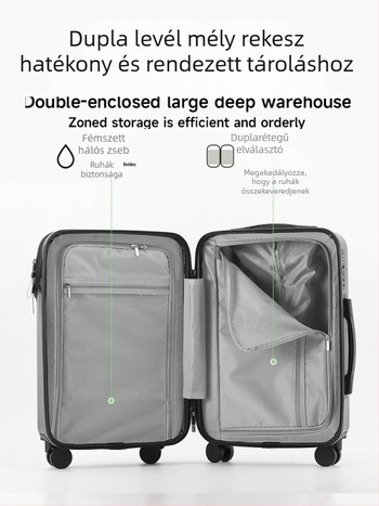 Egyéni logóval ellátott elülső nyílású utazótáska, PC anyagból, kapacitás 56–75 L, USB-port, TSA zár