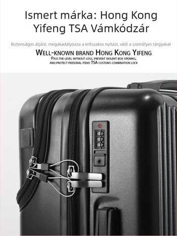 Egyéni logóval ellátott elülső nyílású utazótáska, PC anyagból, kapacitás 56–75 L, USB-port, TSA zár