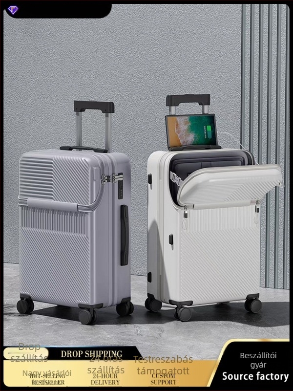 Egyéni logóval ellátott elülső nyílású utazótáska, PC anyagból, kapacitás 56–75 L, USB-port, TSA zár
