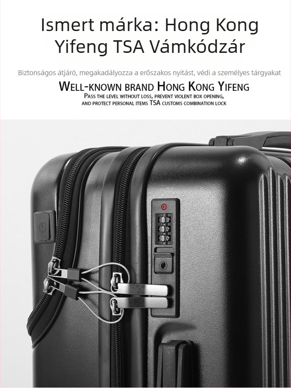 Egyéni logóval ellátott elülső nyílású utazótáska, PC anyagból, kapacitás 56–75 L, USB-port, TSA zár