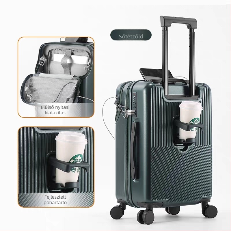 Egyéni logóval ellátott elülső nyílású utazótáska, PC anyagból, kapacitás 56–75 L, USB-port, TSA zár
