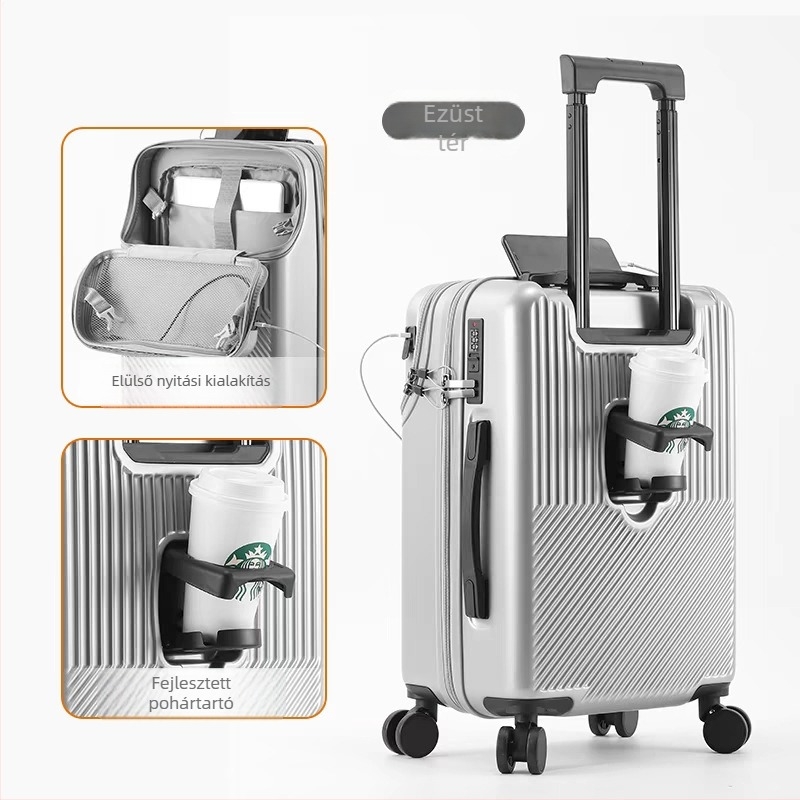 Egyéni logóval ellátott elülső nyílású utazótáska, PC anyagból, kapacitás 56–75 L, USB-port, TSA zár