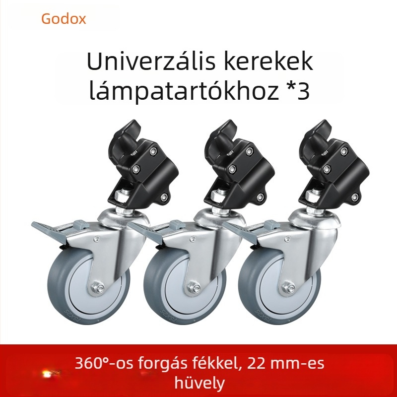 Lámpaállvány háromlábú görgőkkel és fékkel, alumínium ötvözet, univerzális kamera-tartó