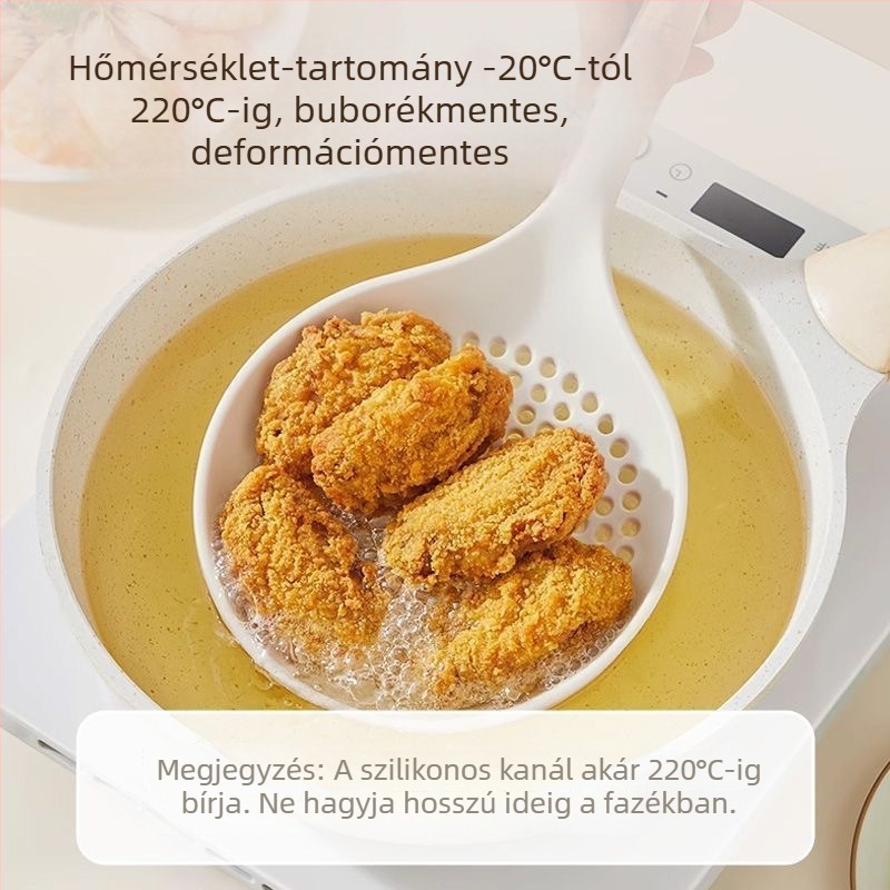 Szilikon főzőkanál szűrővel, hőálló, műanyag fogantyúval, ideális tészta és gombóc számára, többfunkciós