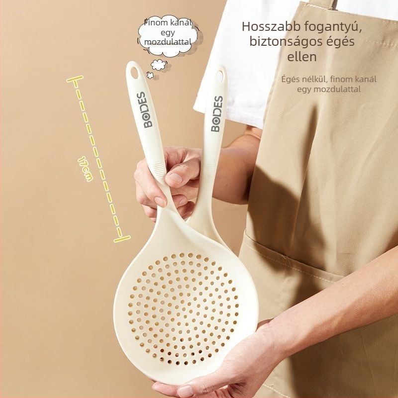 Szilikon főzőkanál szűrővel, hőálló, műanyag fogantyúval, ideális tészta és gombóc számára, többfunkciós