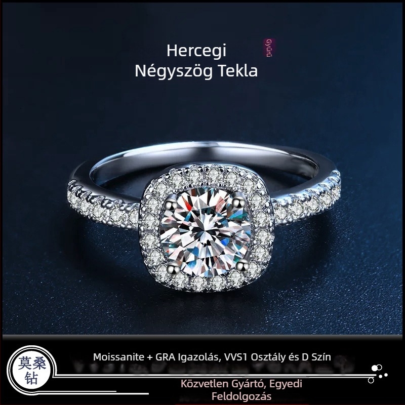 Női Moissanite gyűrű – 1 karát, D szín, 925-ös ezüst, Princess Square kialakítás