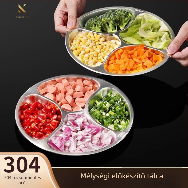 Elválasztó tál köret garnélemekhez, 304 rozsdamentes acél, kerek, csiszolt felület, rekeszekkel
