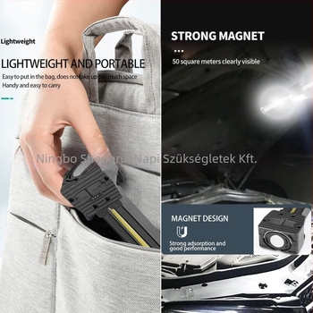 Tölthető, kettős fényforrású munkalámpa mágneses kampóval és vészfénnyel; COB LED, 10W, 5V, IP44, 200 lm, modell A55, 135 g