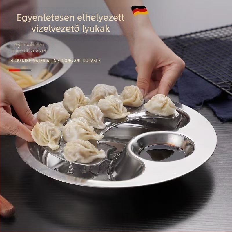 Kétszintes rozsdamentes acélból készült gombóc tál leeresztő nyílással, kör alakú