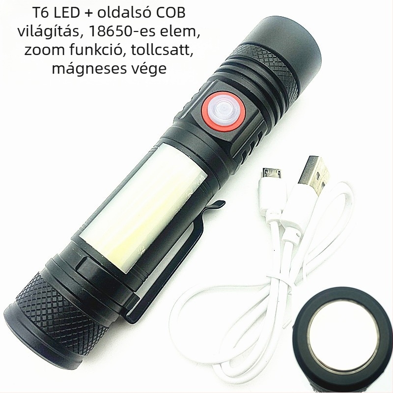 Type-C Töltő COB LED Munkalámpa Autójavításhoz – Alumínium ötvözet burkolat, 1200mAh akkumulátor, 5W+3W, 360° forgás, 100–200m hatótávolság