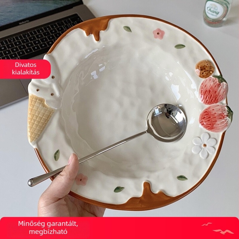 Mély kerámia tál, kézzel festett al-glazúrral, kerek forma, mintázat 69850