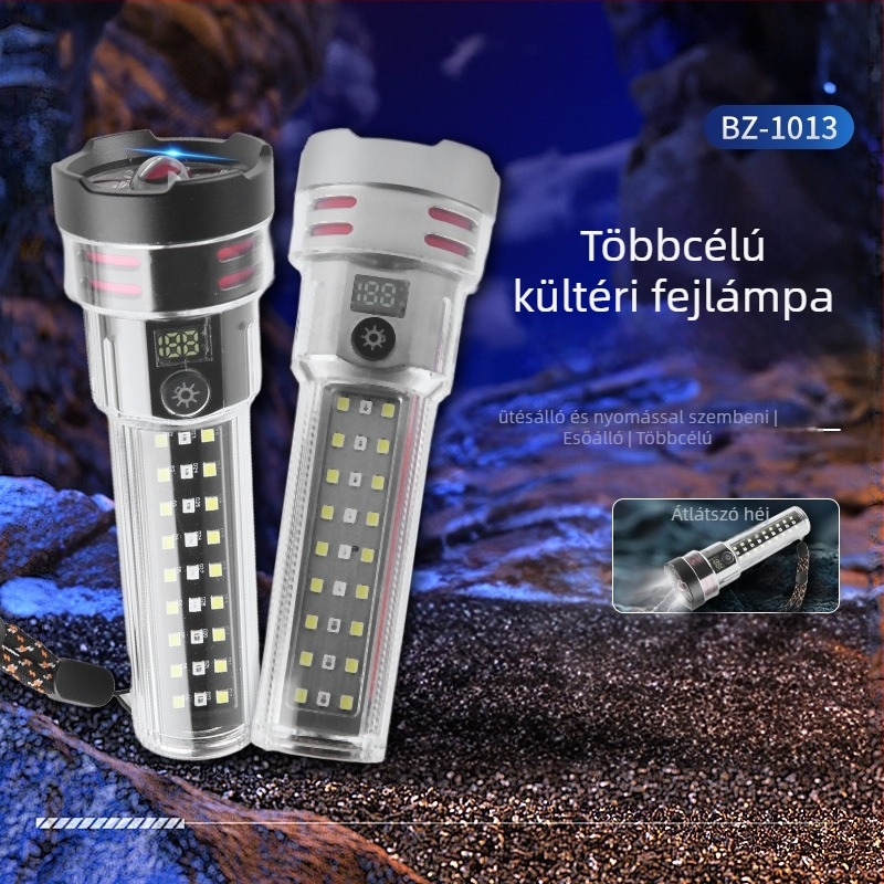 Kültéri többfunkciós LED zseblámpa nagy fényerővel, 2000 mAh újratölthető akkumulátor, alumínium ötvözet test, akár 500 m hatótáv, kézi tekercs töltés