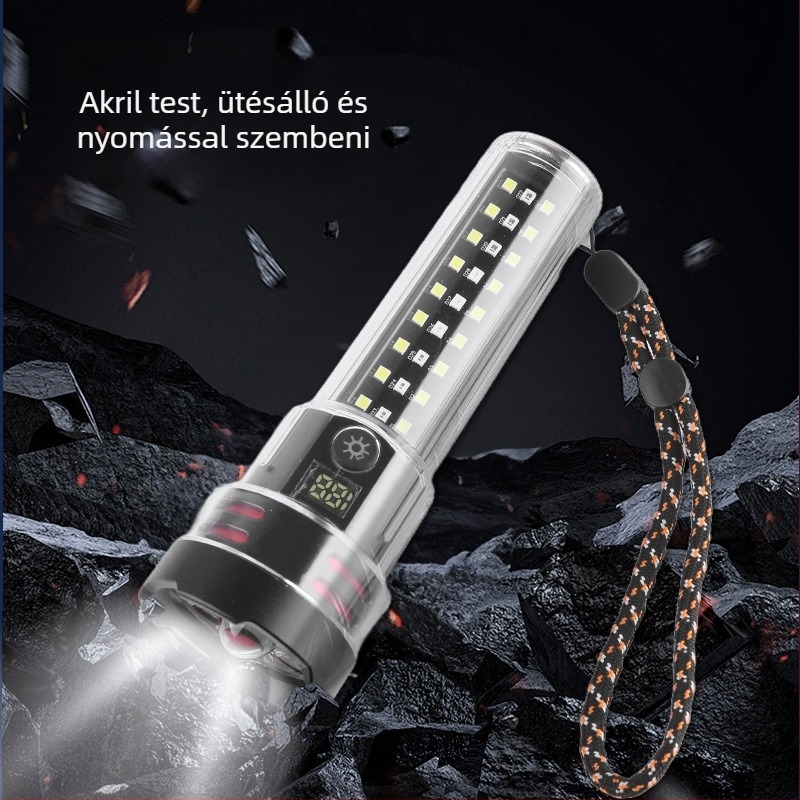 Kültéri többfunkciós LED zseblámpa nagy fényerővel, 2000 mAh újratölthető akkumulátor, alumínium ötvözet test, akár 500 m hatótáv, kézi tekercs töltés