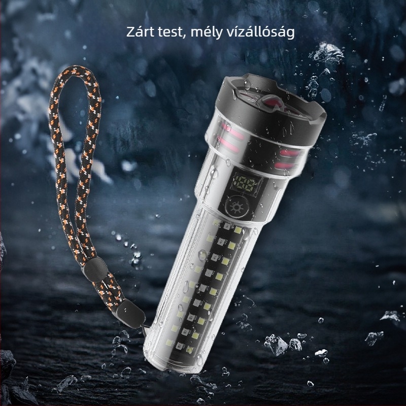 Kültéri többfunkciós LED zseblámpa nagy fényerővel, 2000 mAh újratölthető akkumulátor, alumínium ötvözet test, akár 500 m hatótáv, kézi tekercs töltés