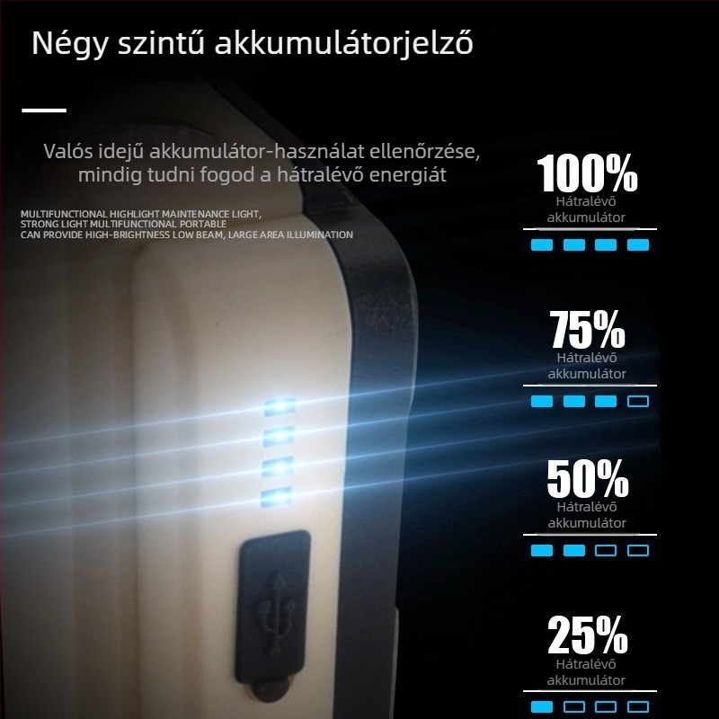 LED munkalámpa COB-val, Type-C töltés, 5W, 1200mAh akkumulátor, mágneses kampó