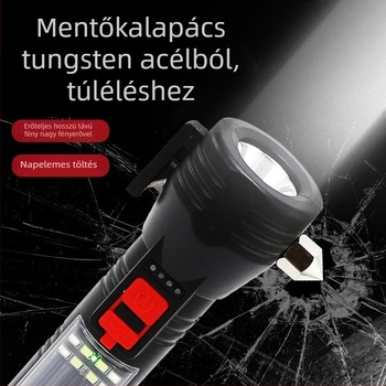 Napelemes autóbiztonsági kalapács LED-es zseblámpával, ablak-törő és többfunkciós jármű-karbantartó lámpa, 1800mAh, 5W, hatótáv 100–200 m