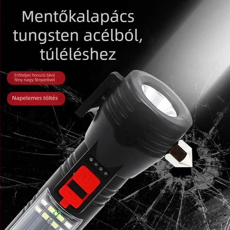 Napelemes autóbiztonsági kalapács LED-es zseblámpával, ablak-törő és többfunkciós jármű-karbantartó lámpa, 1800mAh, 5W, hatótáv 100–200 m