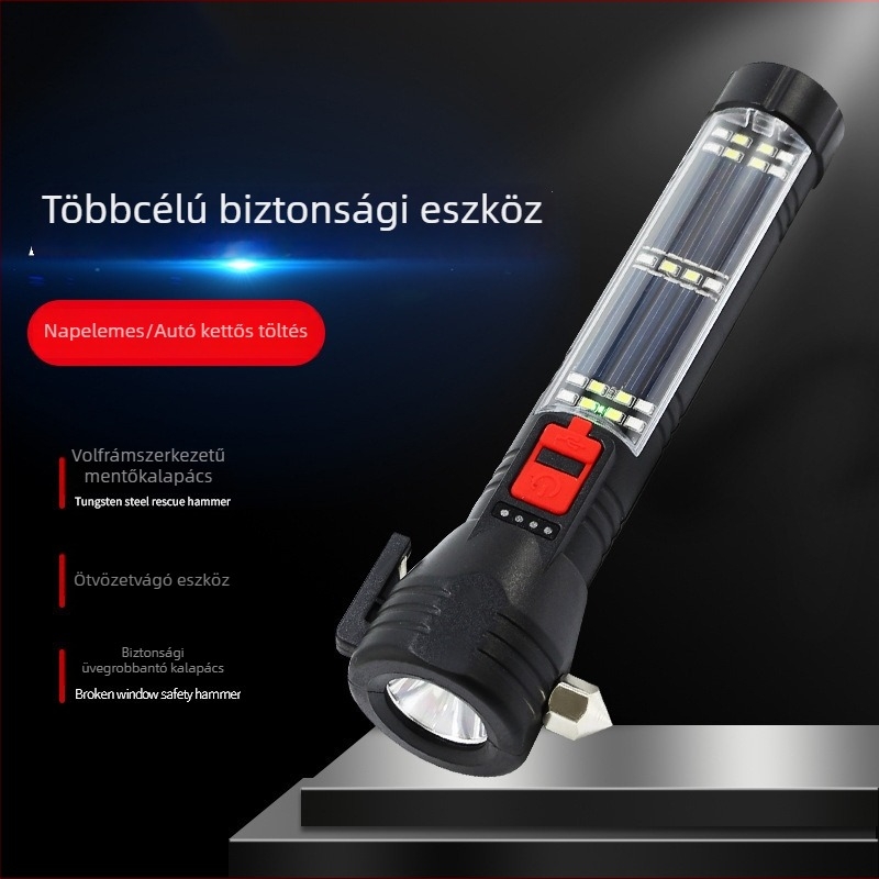 Napelemes autóbiztonsági kalapács LED-es zseblámpával, ablak-törő és többfunkciós jármű-karbantartó lámpa, 1800mAh, 5W, hatótáv 100–200 m