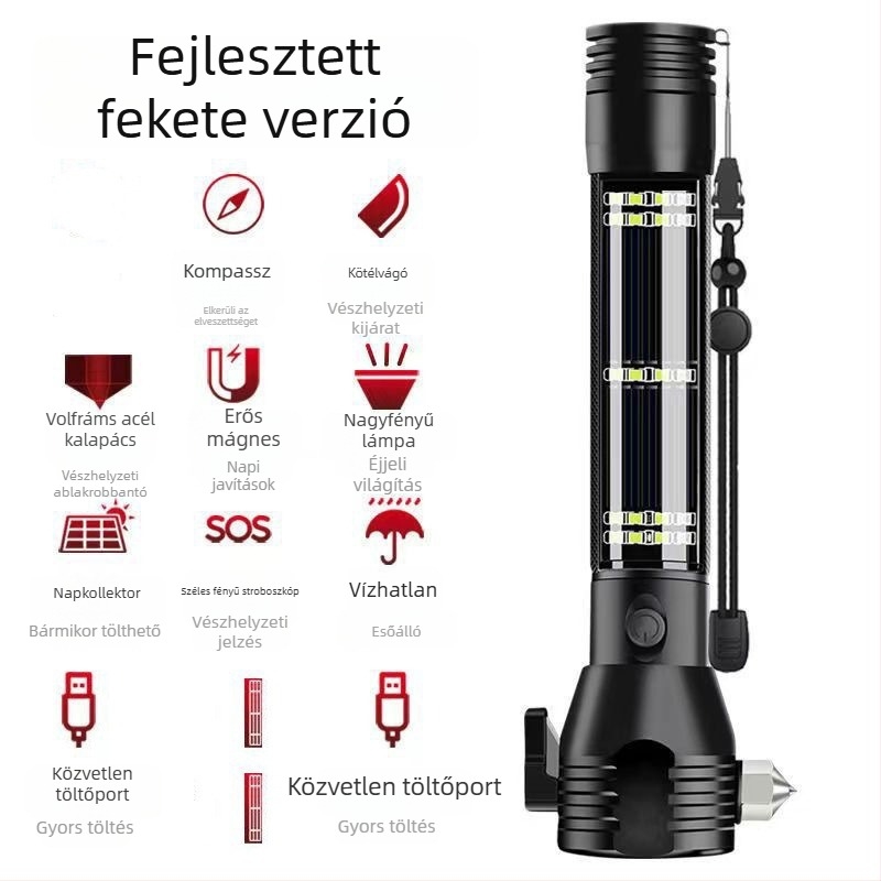Napelemes autóbiztonsági kalapács LED-es zseblámpával, ablak-törő és többfunkciós jármű-karbantartó lámpa, 1800mAh, 5W, hatótáv 100–200 m