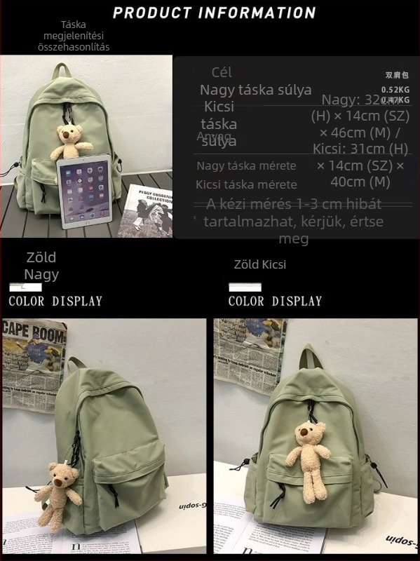 Egyszínű koreai stílusú, egyszerű hátizsák diákoknak, nylonból, kapacitás 20–35 l, kopásálló, 15 hüvelykes laptopnak megfelelő, iskola és utazás.