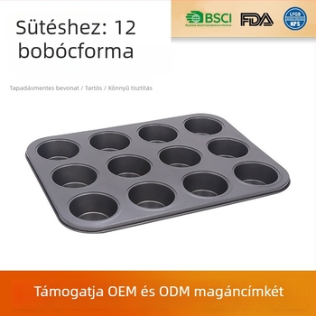 Mini muffinforma, téglalap alakú szénacél sütőtepsi, 12- és 6 lyukú kialakítás