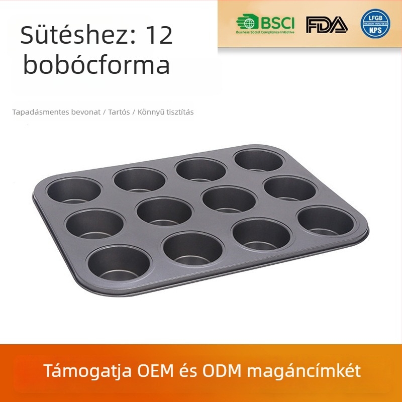 Mini muffinforma, téglalap alakú szénacél sütőtepsi, 12- és 6 lyukú kialakítás