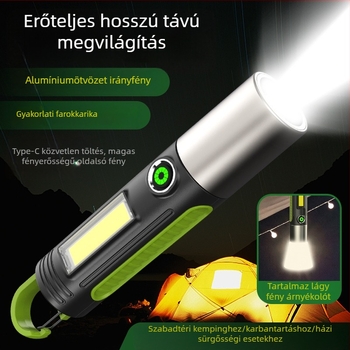 Kézi LED zseblámpa USB töltéssel, 10W, 1200mAh, 200–500 m hatótávolság