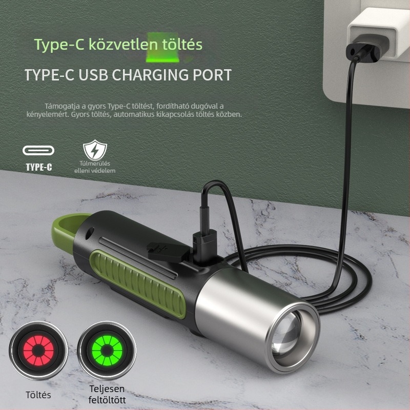 Kézi LED zseblámpa USB töltéssel, 10W, 1200mAh, 200–500 m hatótávolság