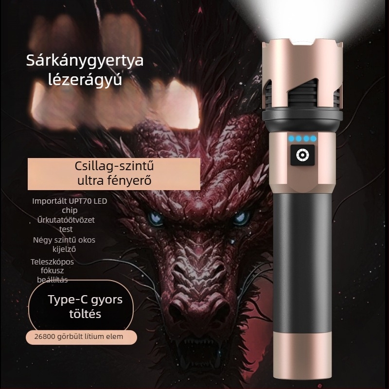 A68 LED zseblámpa teleszkópos zoommal – 20W, 5000mAh, üzemidő 4–9 óra