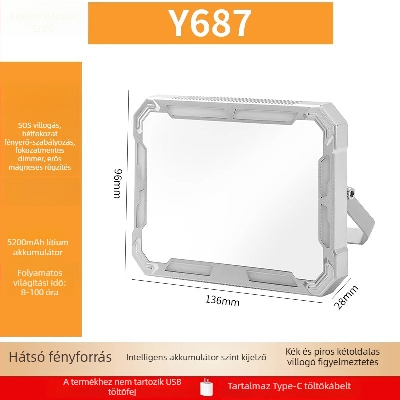 LED munkalámpa mágneses alapzattal, újratölthető, nagy fényerővel, építkezésekhez és kempingezéshez
