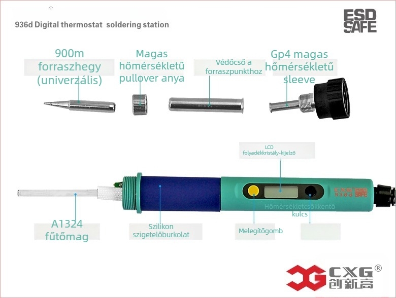 Elektronikus forrasztópáka CXG936d digitális kijelzővel, 60W, állítható hőmérséklet, 110-220V, gumírozott markolat