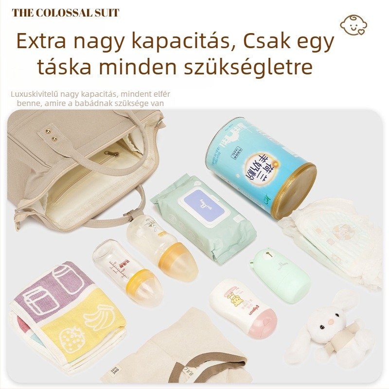 Nagy kapacitású kismama táska, felső és alsó rekeszekkel, vízálló Oxford anyag, görbült vállpánt