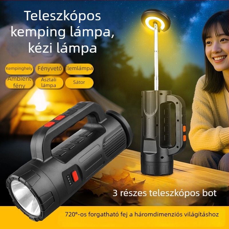 USB-töltéses zseblámpa 360°-os forgatható fejjel és hátsó fénnyel, 18650-es akkumulátor, 200–500 m fényereje