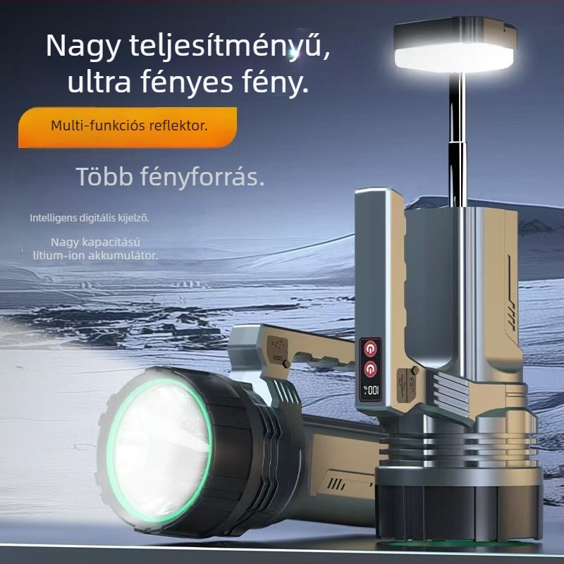 USB-töltéses zseblámpa 360°-os forgatható fejjel és hátsó fénnyel, 18650-es akkumulátor, 200–500 m fényereje