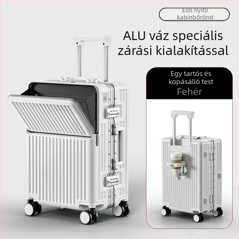 Elülső nyitású alumínium vázú bőrönd – nagy kapacitás, zár kulccsal, vízálló, USB interfész