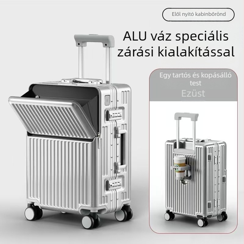 Elülső nyitású alumínium vázú bőrönd – nagy kapacitás, zár kulccsal, vízálló, USB interfész