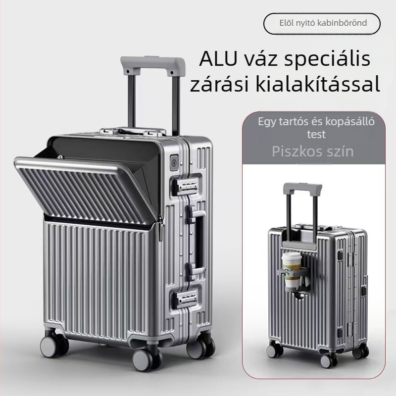 Elülső nyitású alumínium vázú bőrönd – nagy kapacitás, zár kulccsal, vízálló, USB interfész