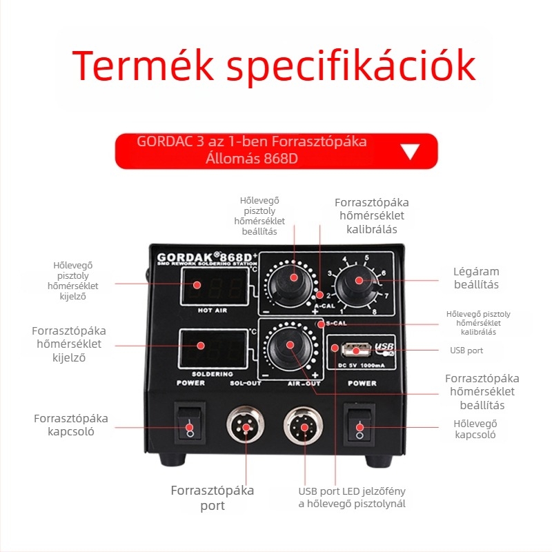 Gordak 868D forrólevegős forrasztóállomás – elektronikai felhasználás, tömeg 2.92