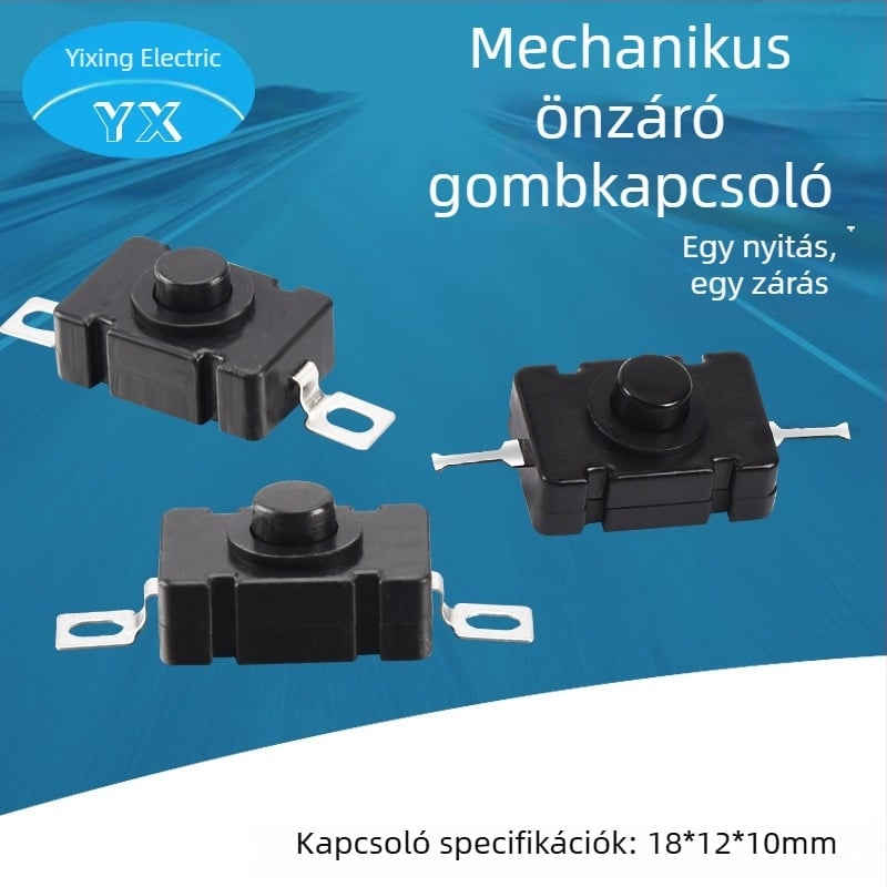 Kisméretű önzáró push-button kapcsoló (24V, IP20, 2000 elektromos ciklus, 2000 mechanikus ciklus, forrasztópins csatlakozás)