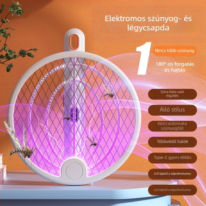 3‑in‑1 elektromos szúnyogirtó: ütközéses vágás, csapda és UV-lámpa, USB-töltés, összehajtható, beépített 1001–1600 mAh akkumulátor, 11–20 m² területhez