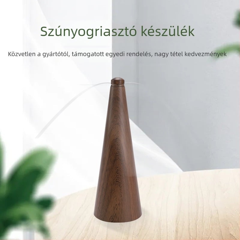 Kis asztali szúnyogriasztó ventilátor húsos standokhoz és otthoni használatra, kompakt rovarirtó készülék fa textúrájú dizájnnal.