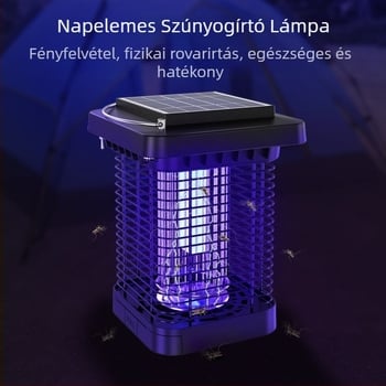 Szúnyogirtó lámpa napelemes, UV-fény és elektromos sokk (21–30㎡, beépített 2001–2500mAh akkumulátor, DC 1300V háló, ABS ház, rozsdamentes acél háló)