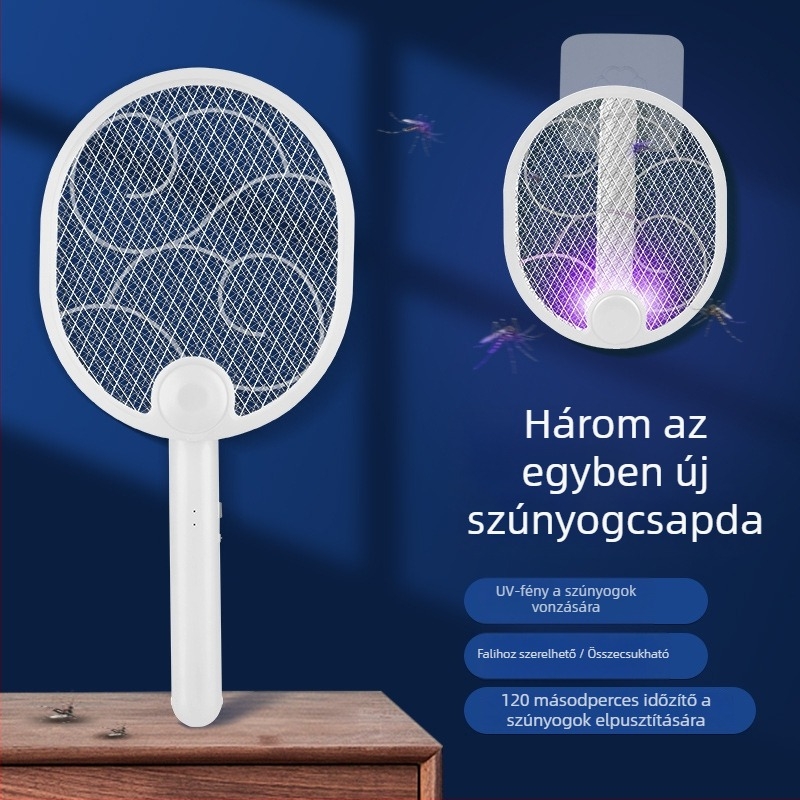 Elektronikus szúnyogcsapó, összecsukható, USB-töltés, beépített akkumulátor 1000-1600 mAh, LED világítás, alumínium háló