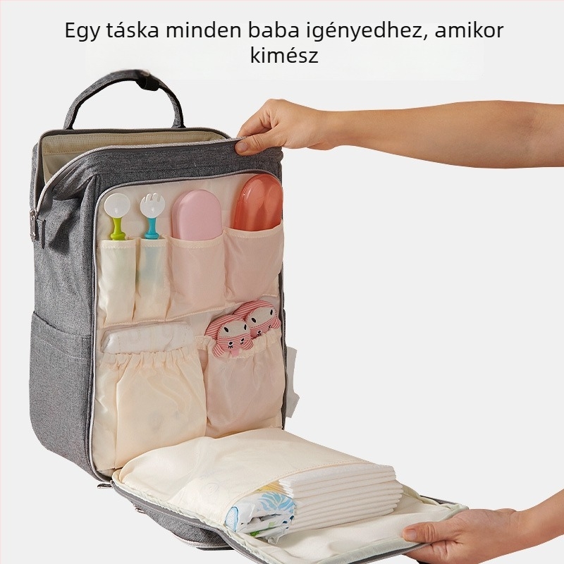 Anyuka táska hátizsák: poliészter, vízálló, száraz–nedves elválasztás, maximális terhelhetőség 15–20 kg, méretek 42×27×8 cm