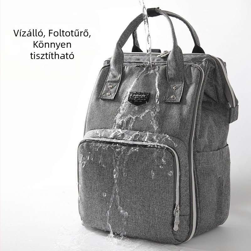 Anyuka táska hátizsák: poliészter, vízálló, száraz–nedves elválasztás, maximális terhelhetőség 15–20 kg, méretek 42×27×8 cm