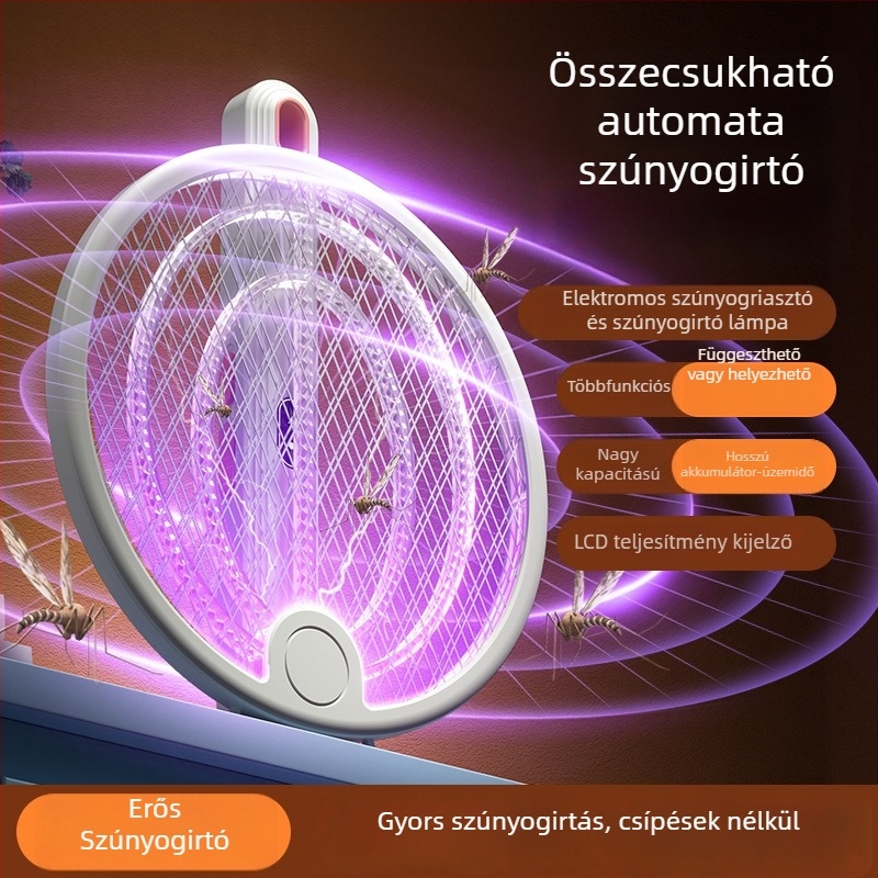 Összecsukható elektromos szúnyogcsapó beépített akkumulátorral és LED-del beltéri használatra, újratölthető, öl elektromos sokkal, 61 m² felett