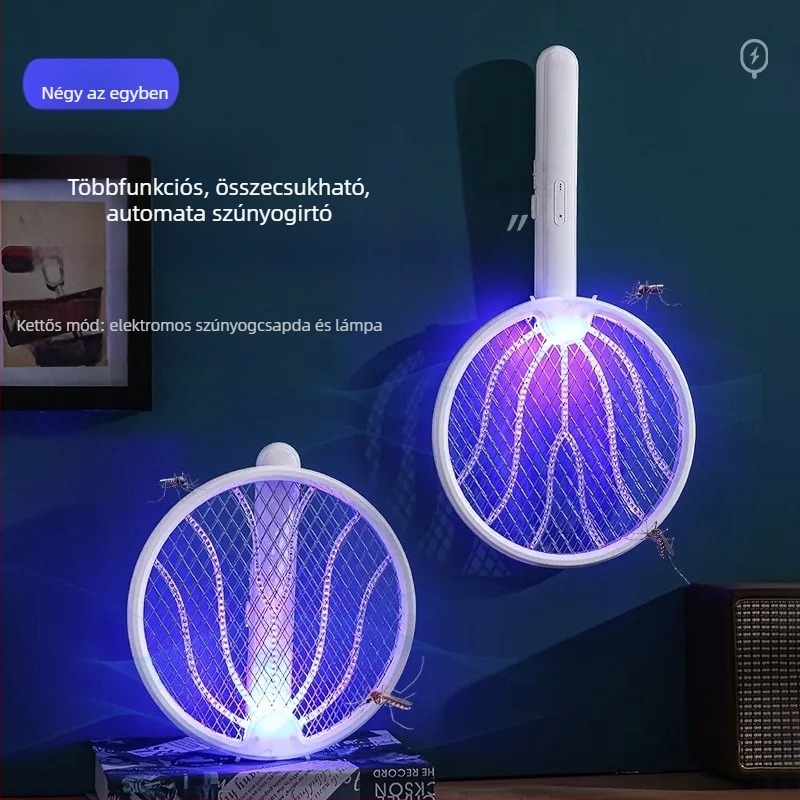 Összecsukható elektromos szúnyogcsapó és 2-in-1 csapó lámpa, USB újratölthető, UV fény, 180° forgás, alumínium háló, beépített 501–800 mAh akkumulátor