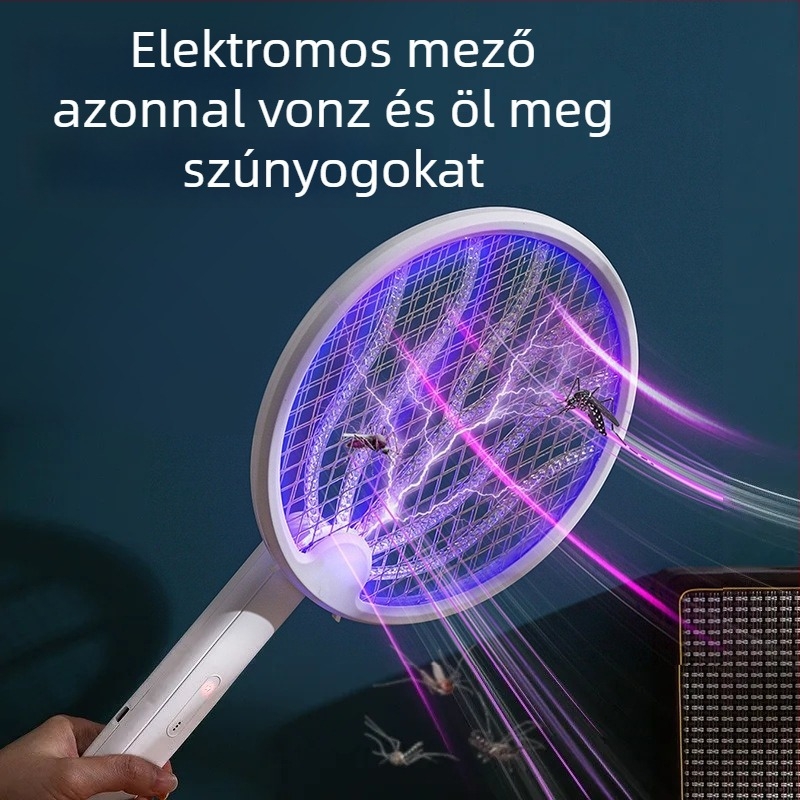 Összecsukható elektromos szúnyogcsapó és 2-in-1 csapó lámpa, USB újratölthető, UV fény, 180° forgás, alumínium háló, beépített 501–800 mAh akkumulátor