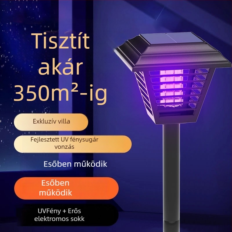 Napelemes kültéri szúnyogirtó lámpa otthonra és kertbe, 10 m² lefedettség, LED világítás, ABS ház, nem mérgező, okos hálózat